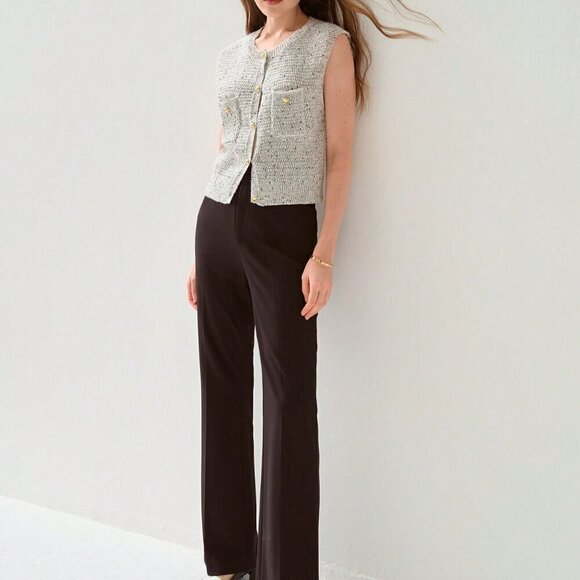 Light Grey Women's Casual Blend Gray Button Trimmed Sweater Vest - Picture 5 of 8